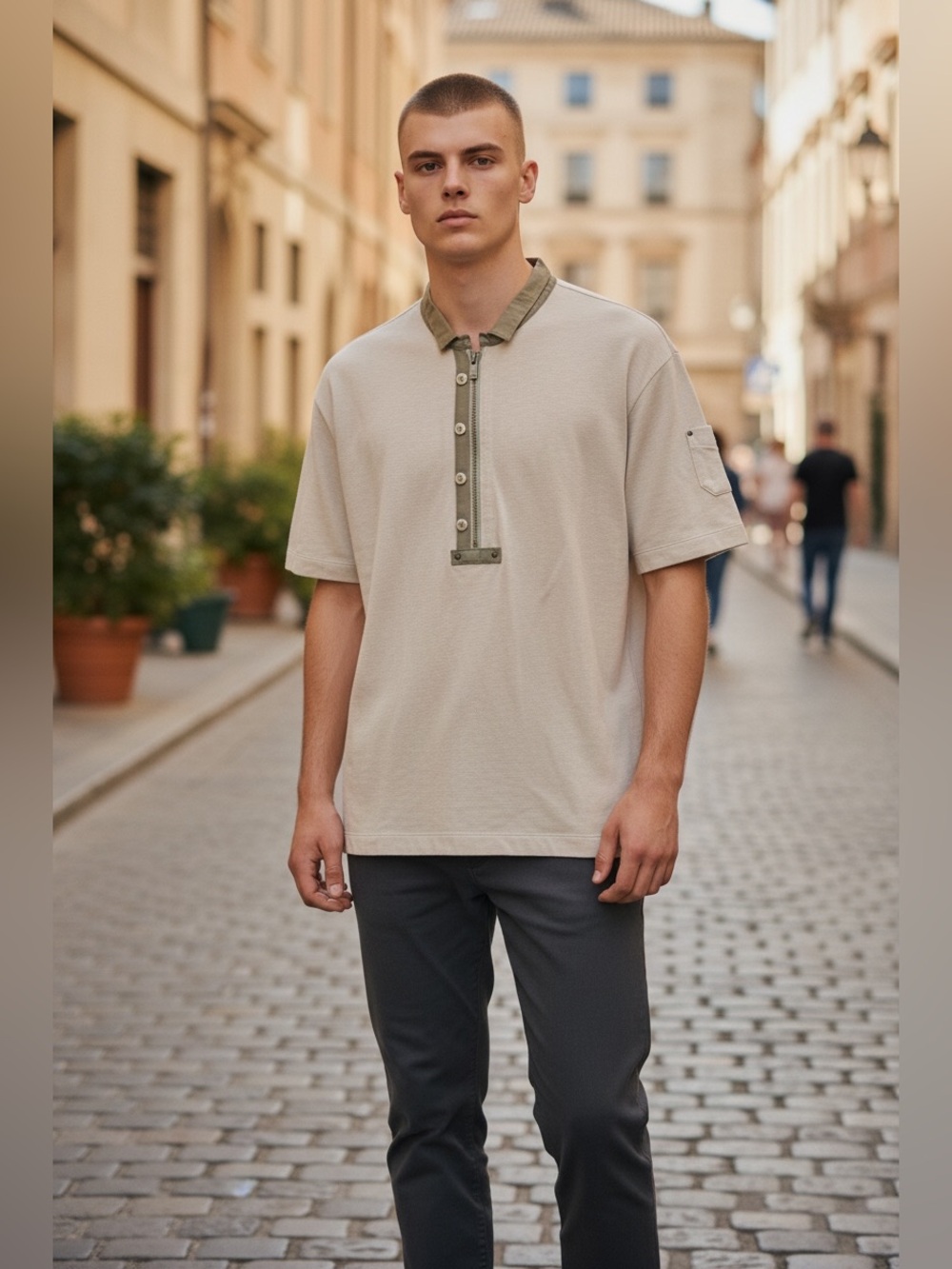 Lanvin Beige Short Sleeve Polo with Olive Trim